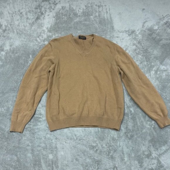 Brooks Brothers Mens Cotton V-Neck Sweater L Tan Lightweight Classic a0461 - Picture 1 of 6
